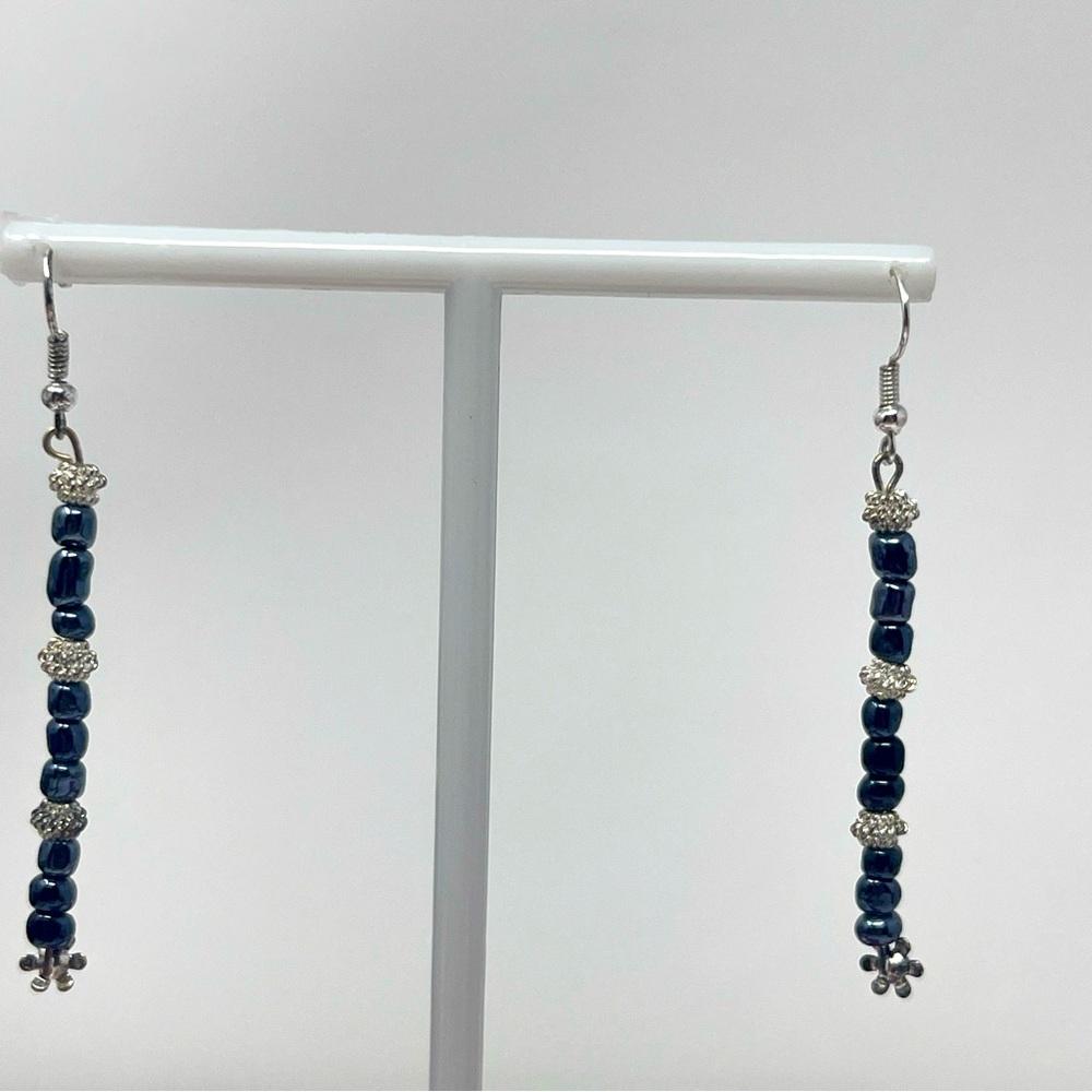 Blue And Silver Tone Dangle Earrings , Pierced Ears